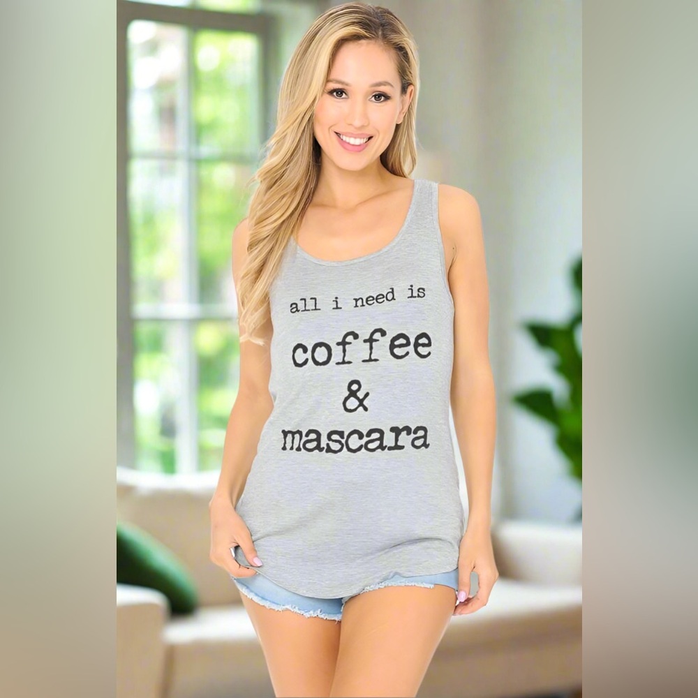 S/M NEW Womens Coffee & Mascara Graphic Tank Top, Gray Sleeveless Shirt